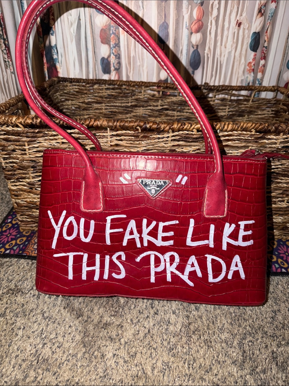 Red Faux-Croc Satchel “YOU FAKE LIKE THIS PRADA”
